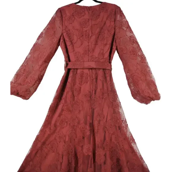 New, Badgley Mischka Belted Embroidered Tulle Gown in Burgundy Size 12 #LD062